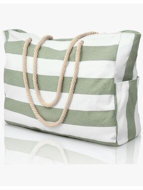 Green & White Striped Beach Tote Bag with Rope Handles